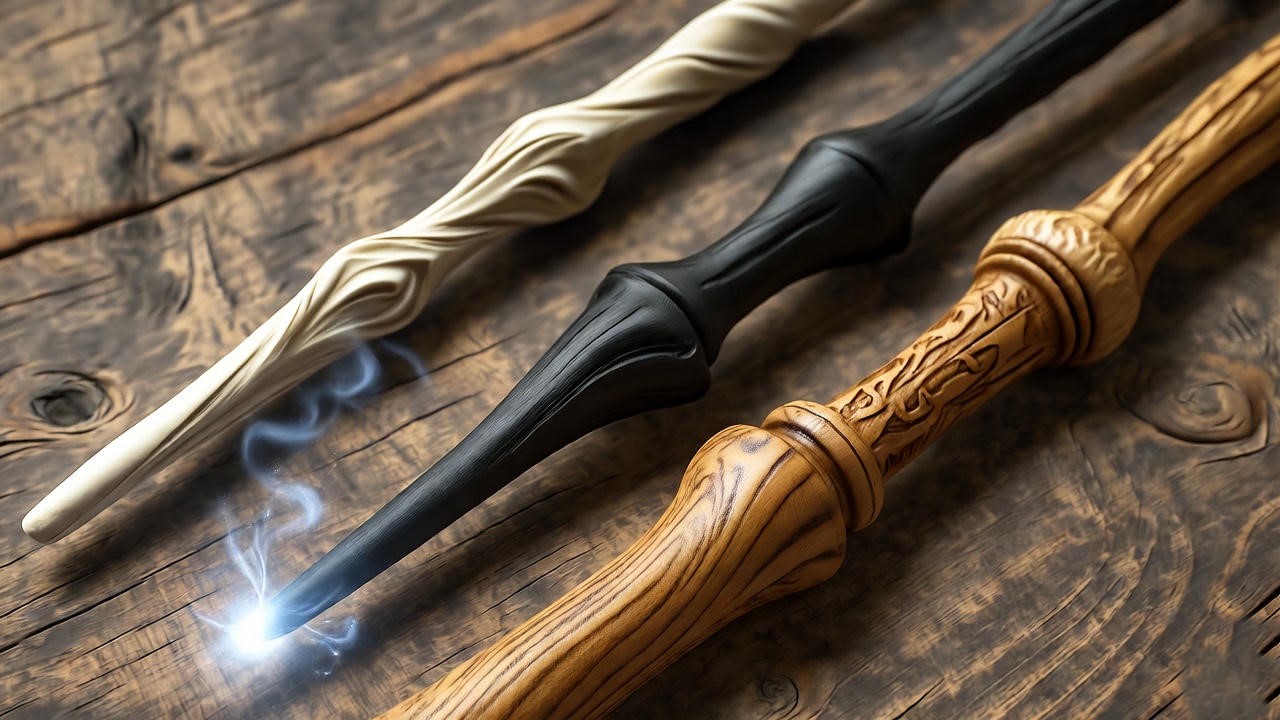 Comparison of Weasley family wands, including Bill’s oak wand, on a magical table.