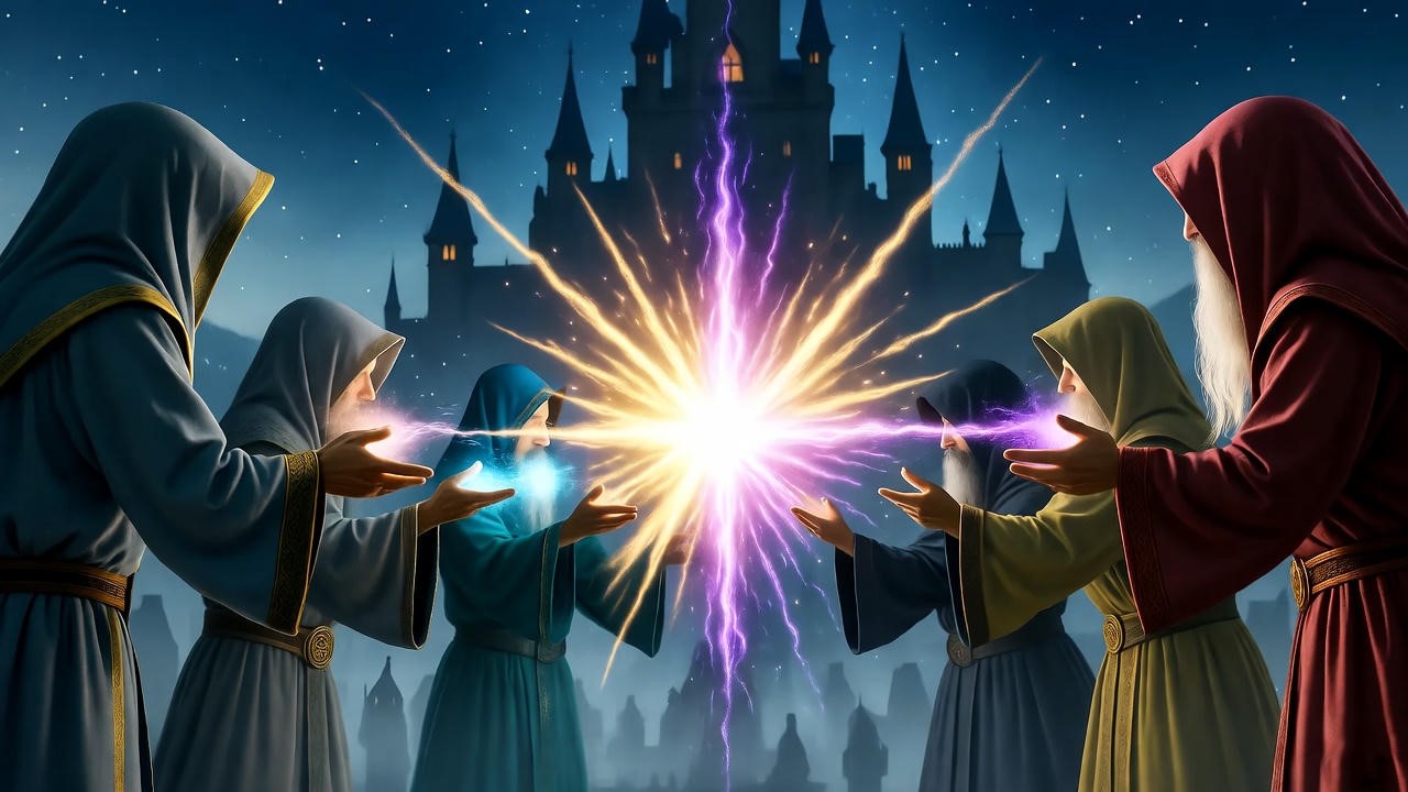 Global wizards dueling with dark magic spells near mystical castle, Harry Potter.