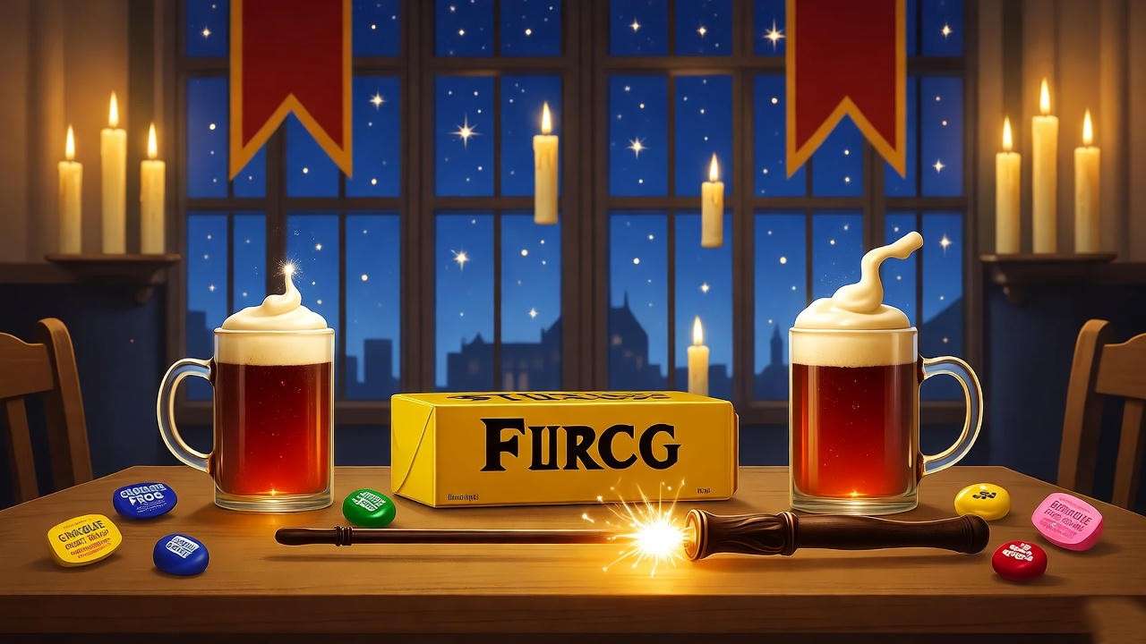 Illustration of a Harry Potter anniversary party with Butterbeer and Hogwarts decor