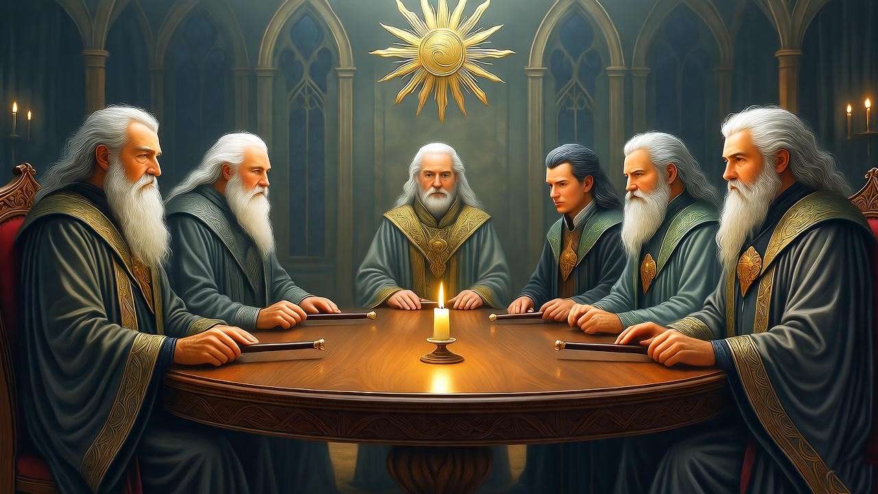 ICW council meeting with diverse wizards around a carved table under a golden sun emblem.