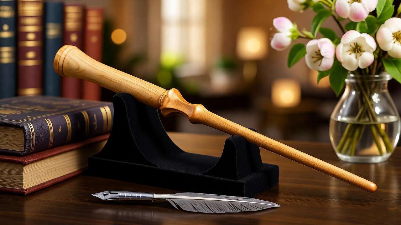 An apple wood wand replica on a fan’s desk with Harry Potter books and apple blossoms, inspiring fandom, in a 16:9 ratio.
