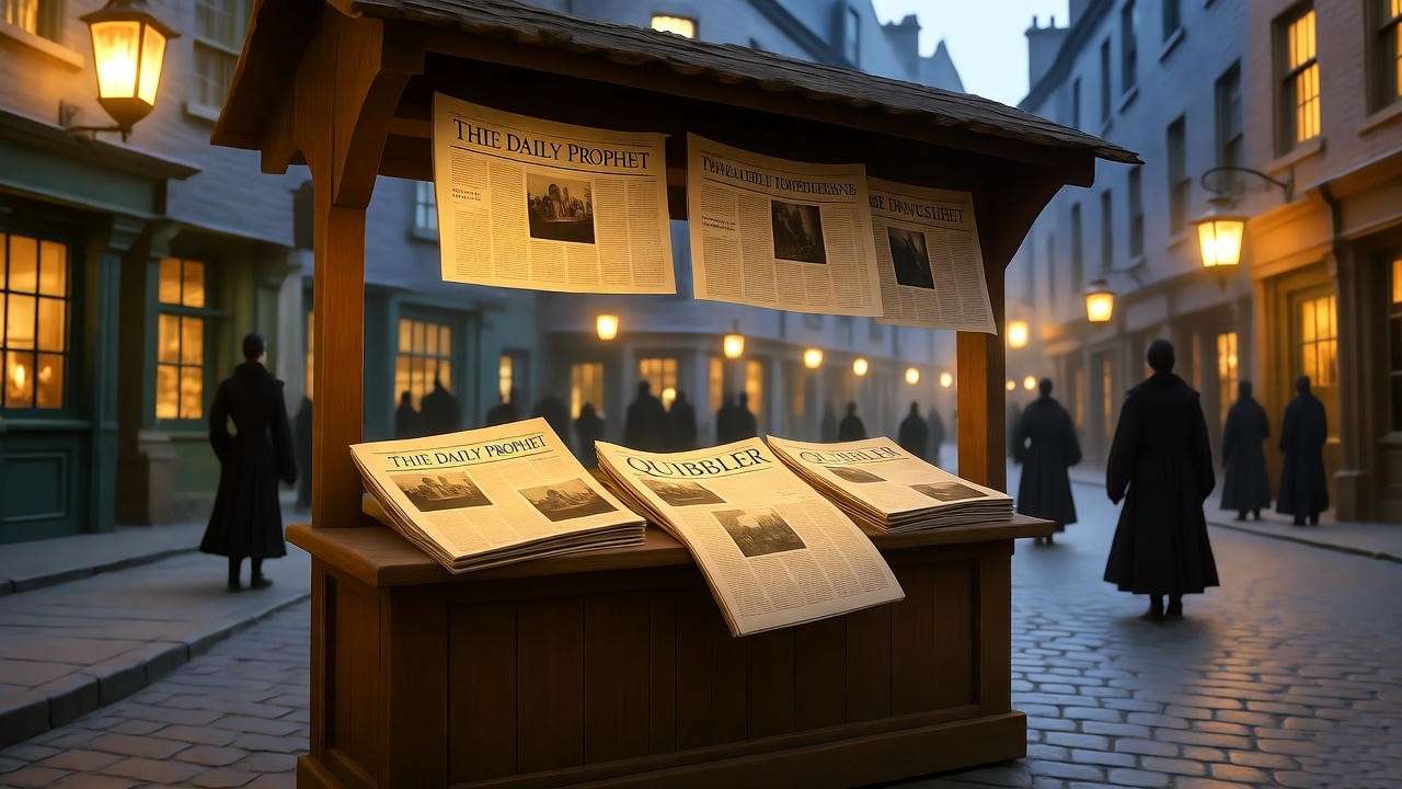 Magical Diagon Alley newsstand with fluttering Daily Prophet newspapers at dusk