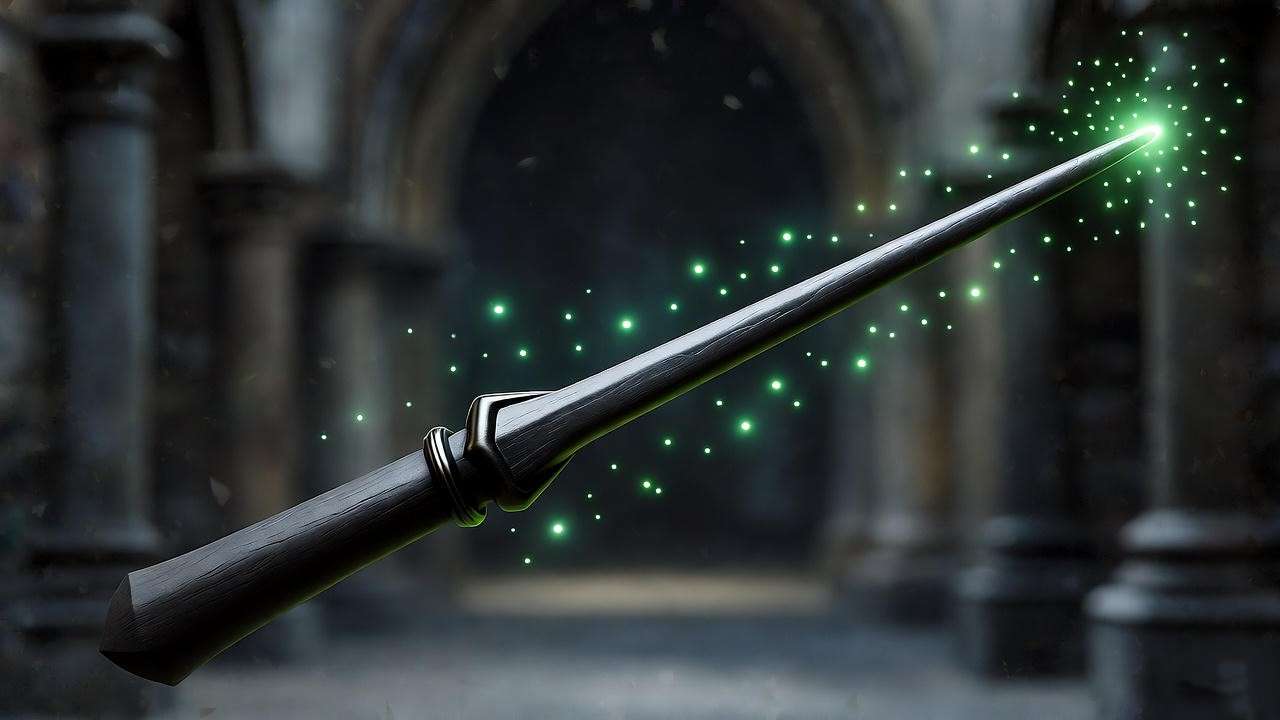Close-up of a dark Alecto Carrow wand with green sparks against a Hogwarts corridor, Harry Potter.