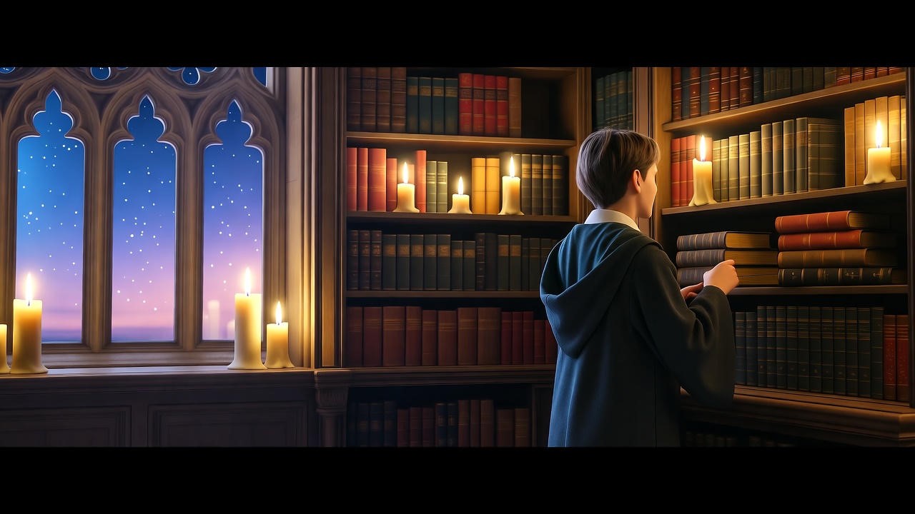 Hogwarts library study nook with candlelight and spellbooks for wizards study