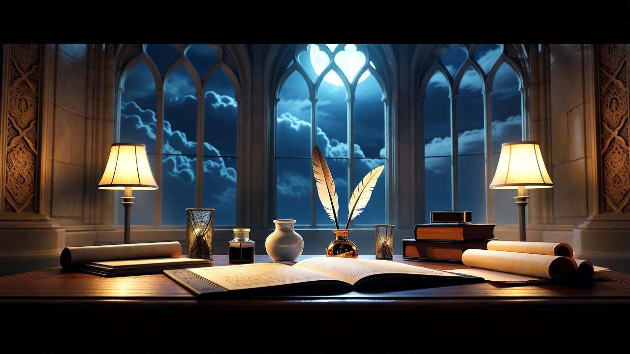 Ministry of Magic office with a Werewolf Registry ledger and full moon view in Harry Potter.