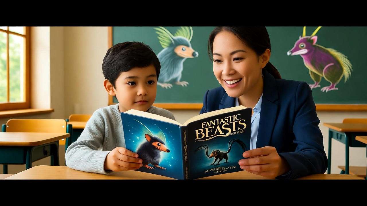 Educator and child discussing neurodiversity with a Fantastic Beasts book in a classroom