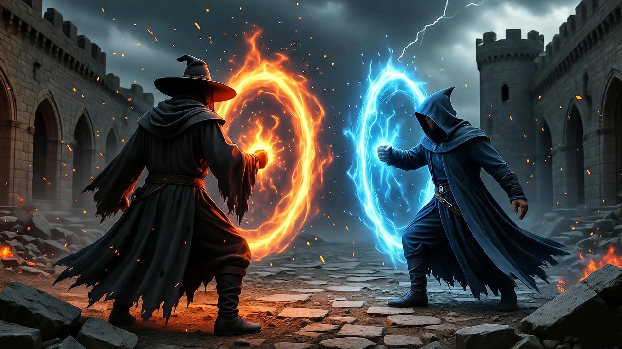 Magical duel in a ruined castle courtyard with vibrant spell effects