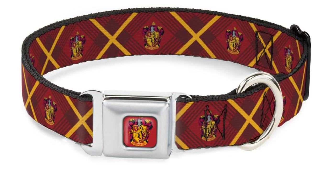  Dog Collar Seatbelt Buckle Harry Potter Gryffindor Crest Plaid Reds Gold 15 to 24 Inches 1.0 Inch Wide