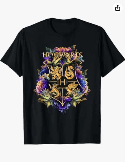 Harry Potter Hogwarts Multi-Colored Floral Crest Long Sleeve T-Shirt