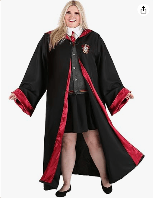 Plus Size Hermione Granger Gryffindor Robe Costume for Women w/Skirt, Tie, Sweater, Shirt, & Hooded Hogwarts Robe
