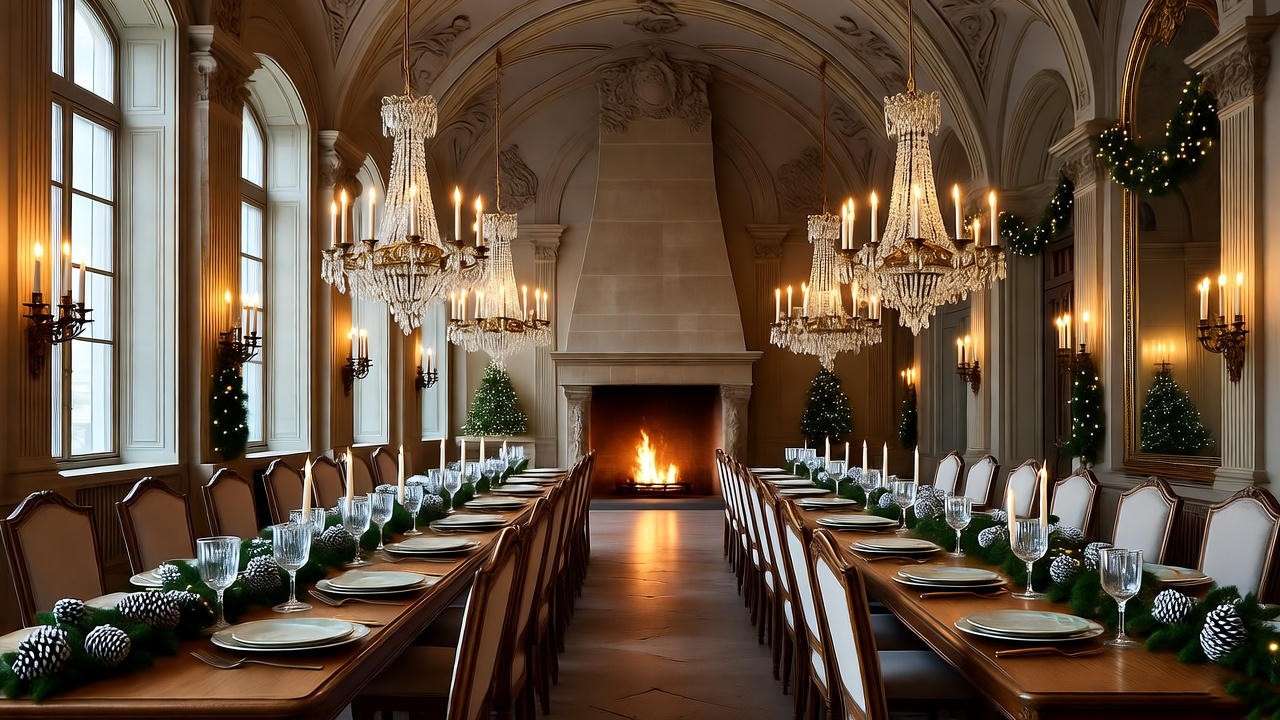 Schloss Drachenburg Yule Ball hall with floating candles and festive decorations, Germany