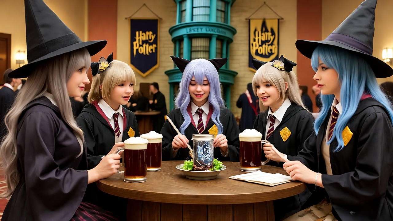 Harry Potter fans in cosplay at a Leaky Cauldron-themed event, celebrating the iconic pub’s cultural impact in the wizarding fandom.
