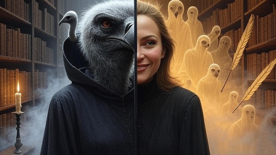 Surreal portrait revealing hidden depths of Madam Pince's personality, from stern guardian to loyal ally in Harry Potter lore.
