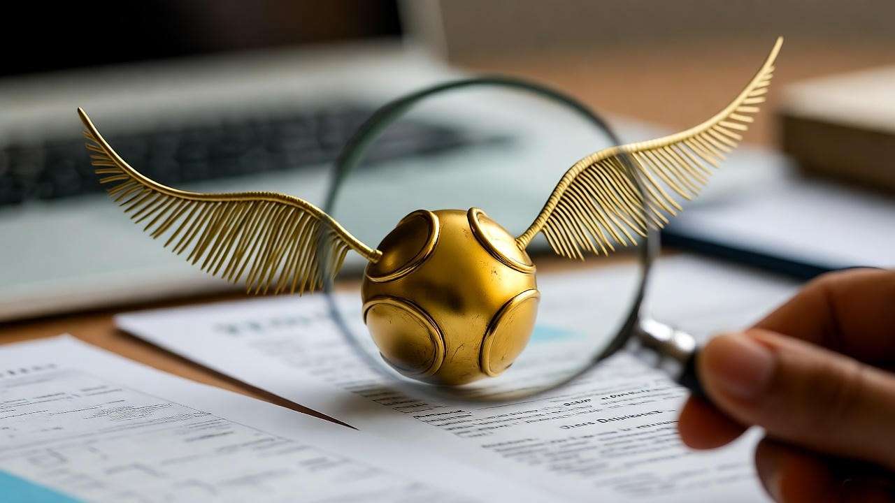 Collector inspecting Golden Snitch with magnifying glass and authentication documents