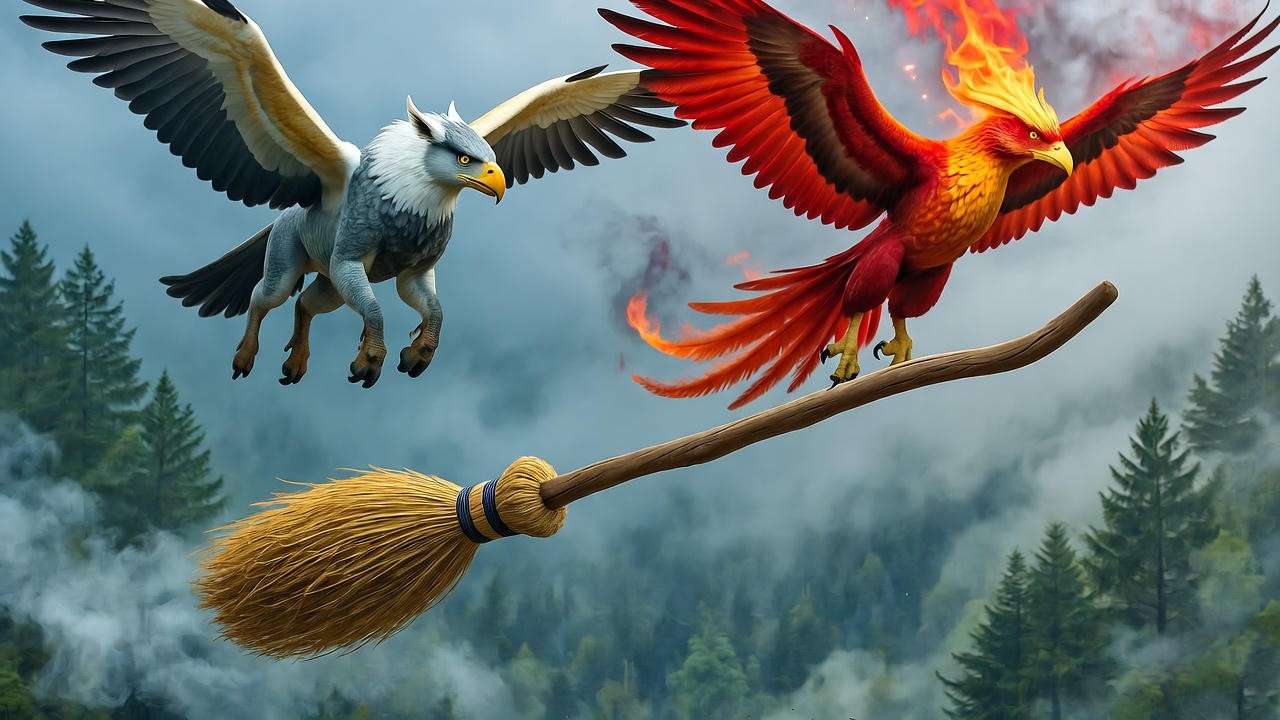 Flying hippogriff, phoenix, and broomstick over misty forest, representing Harry Potter magical names.