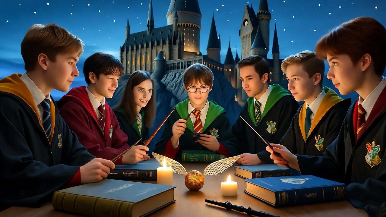 Harry Potter fans with books and memorabilia under Hogwarts starry sky
