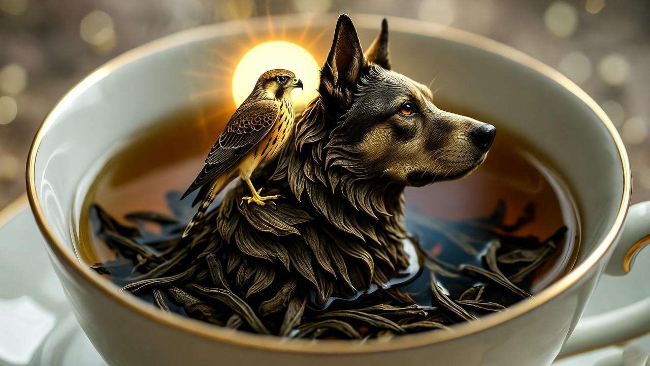 The Grim tea leaf symbol with falcon and sun in Harry Potter tasseography