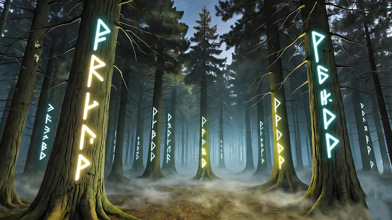 Mystical forest with glowing runes and misty atmosphere inspired by Harry Potter magic