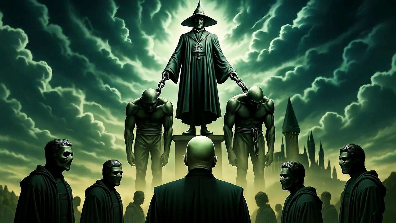 Dramatic illustration of Voldemort and Death Eaters with Magic is Might statue, symbolizing authoritarianism in Harry Potter.