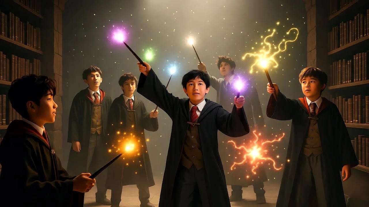 Wizards training in Dumbledore’s Army hidden room in Order of Phoenix chapters.
