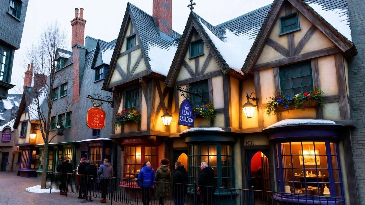Universal Studios The Leaky Cauldron with Diagon Alley in winter.