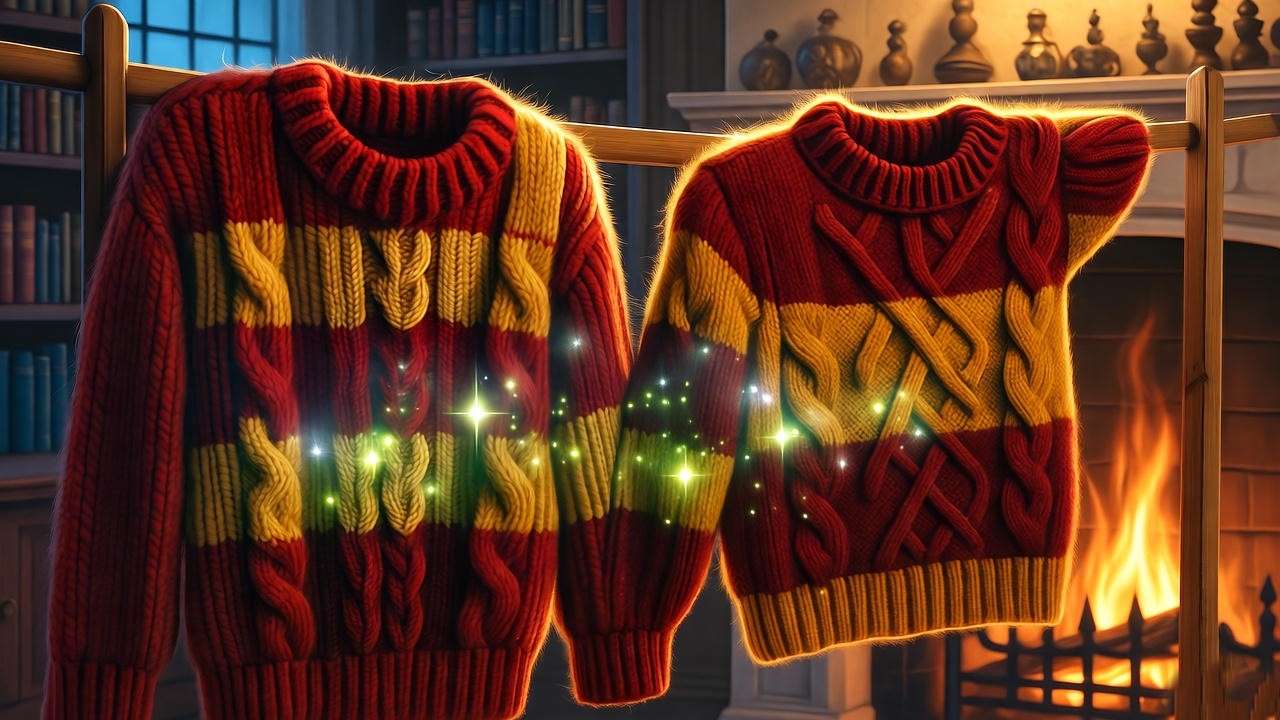Hand-knit Weasley sweaters drying by fireplace – textile and love motif Harry Potter