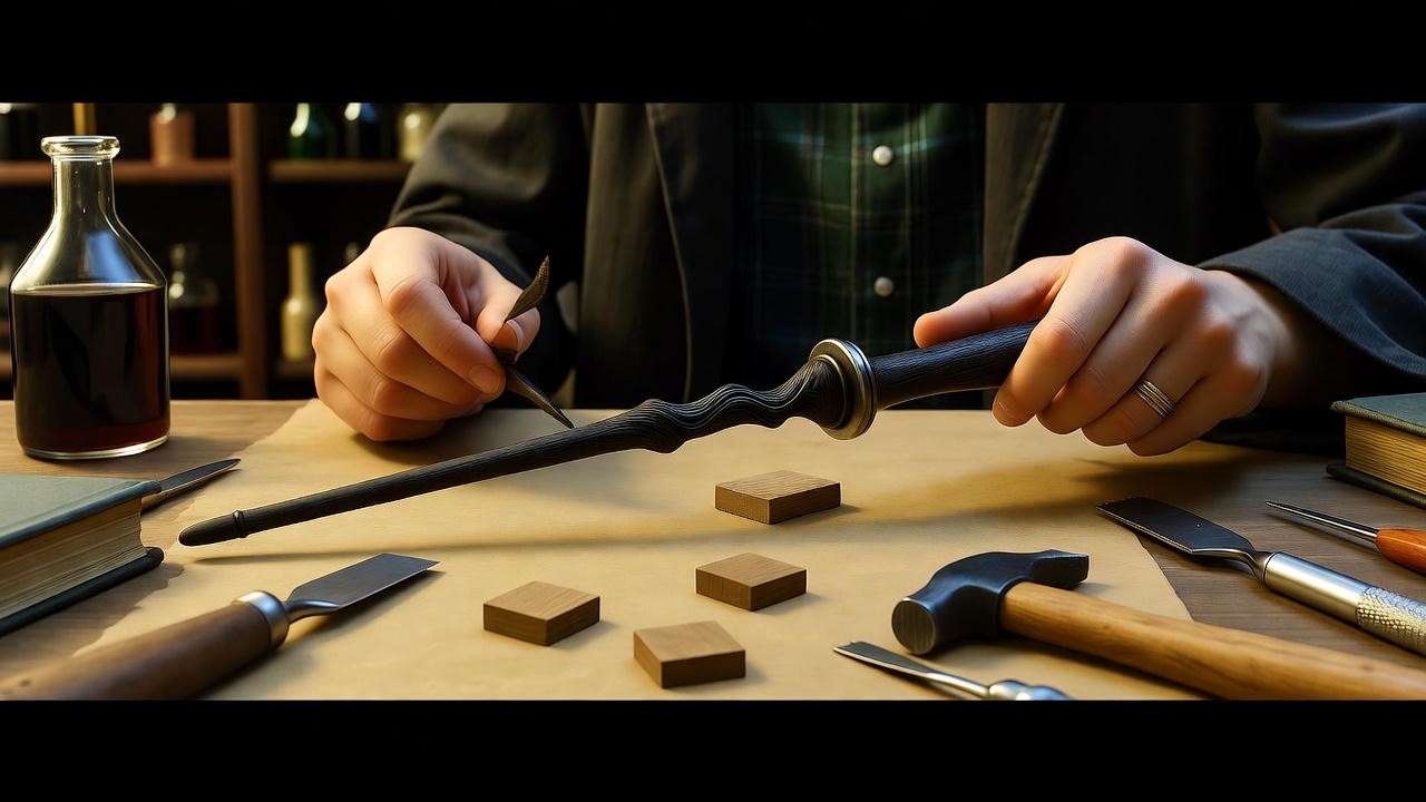 Fan crafting Alecto Carrow wand replica in a wizarding workshop, Harry Potter.