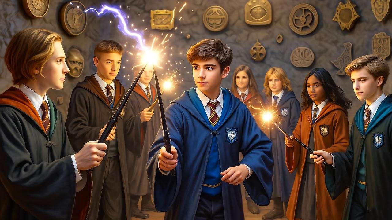 Dumbledore’s Army practicing spells in Room of Requirement, led by a Ravenclaw student like Anthony Goldstein.