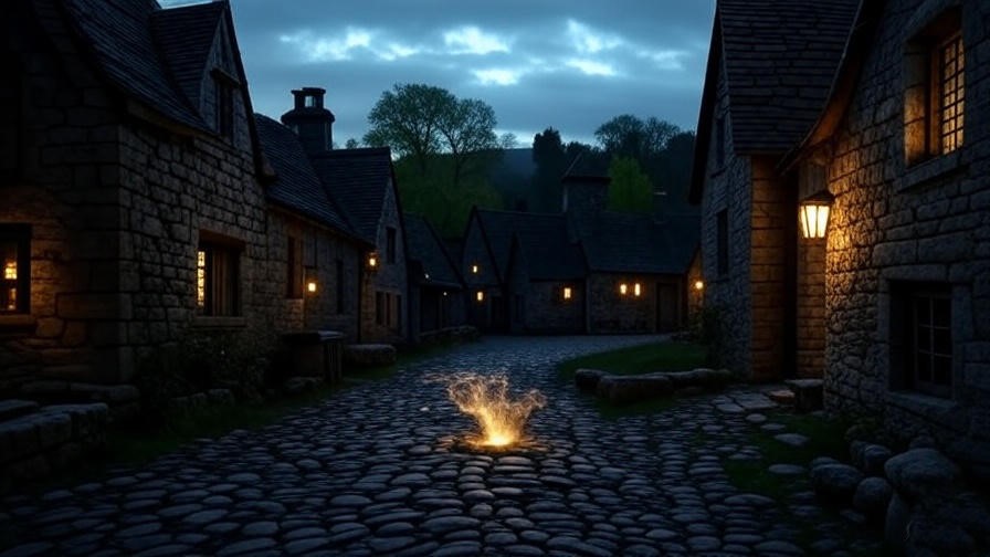 Medieval wizarding village with a glowing protective charm representing the origins of the Warning Spell.