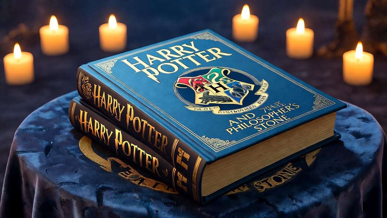 Commemorative Harry Potter 25th anniversary book editions with Hogwarts crest, 16:9 ratio