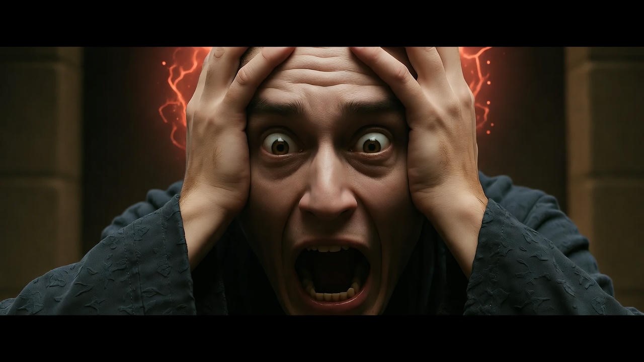 Tormented wizard suffering from Cruciatus Curse in dark dungeon, Harry Potter.