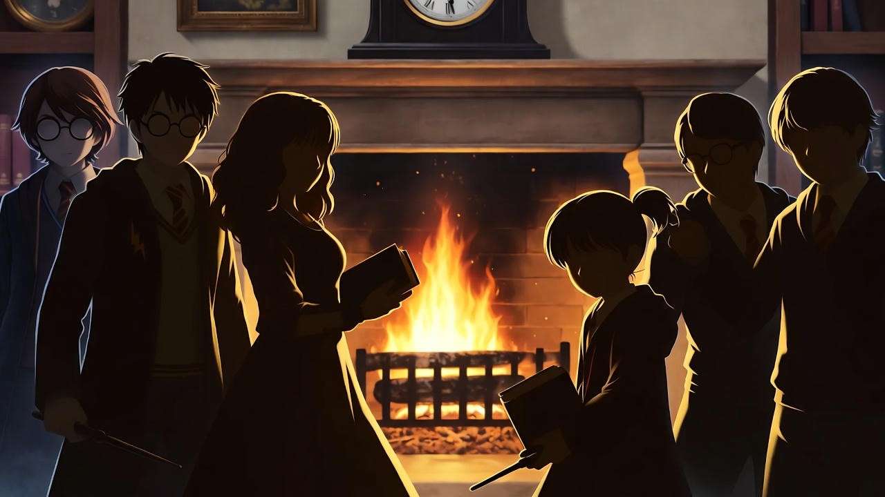 Silhouettes of Harry, Hermione, and Ron in Gryffindor common room, showcasing Harry Potter themed names.
