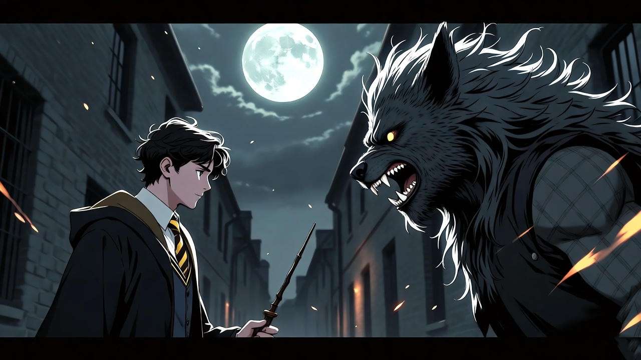 Lone werewolf in human form in a deserted wizarding village under a full moon in Harry Potter.