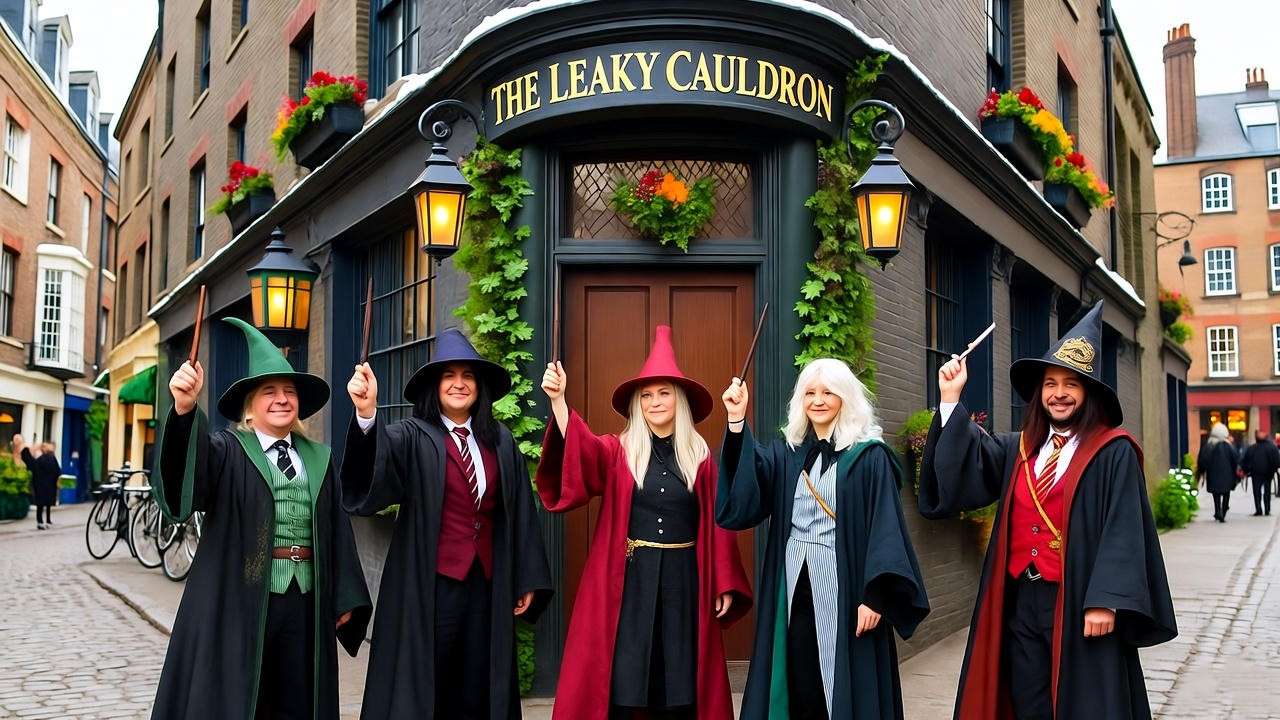 Fan event at The Leaky Cauldron with cosplayers in snowy London.