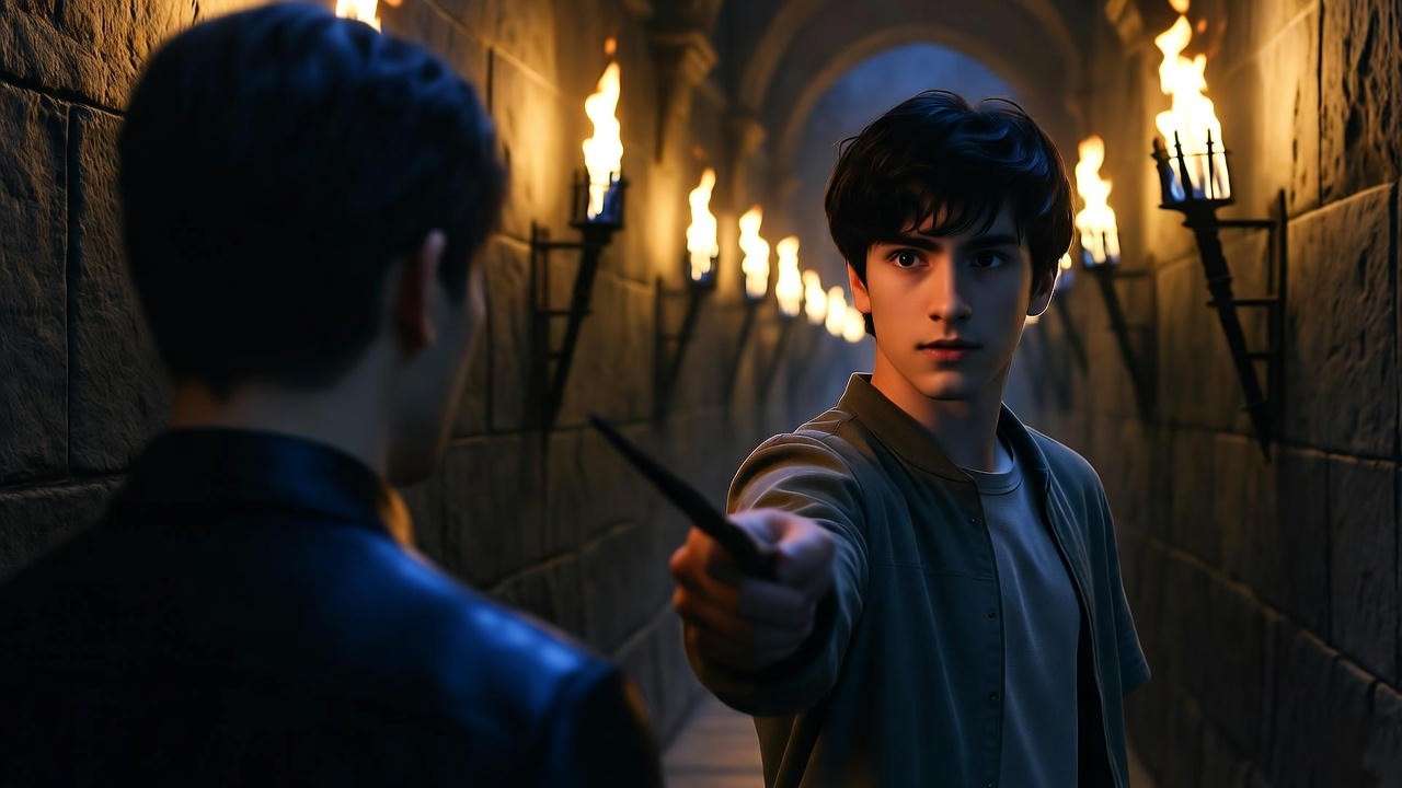 Coach Harry Potter facing an ethical dilemma with a shadowy figure in a Hogwarts corridor.