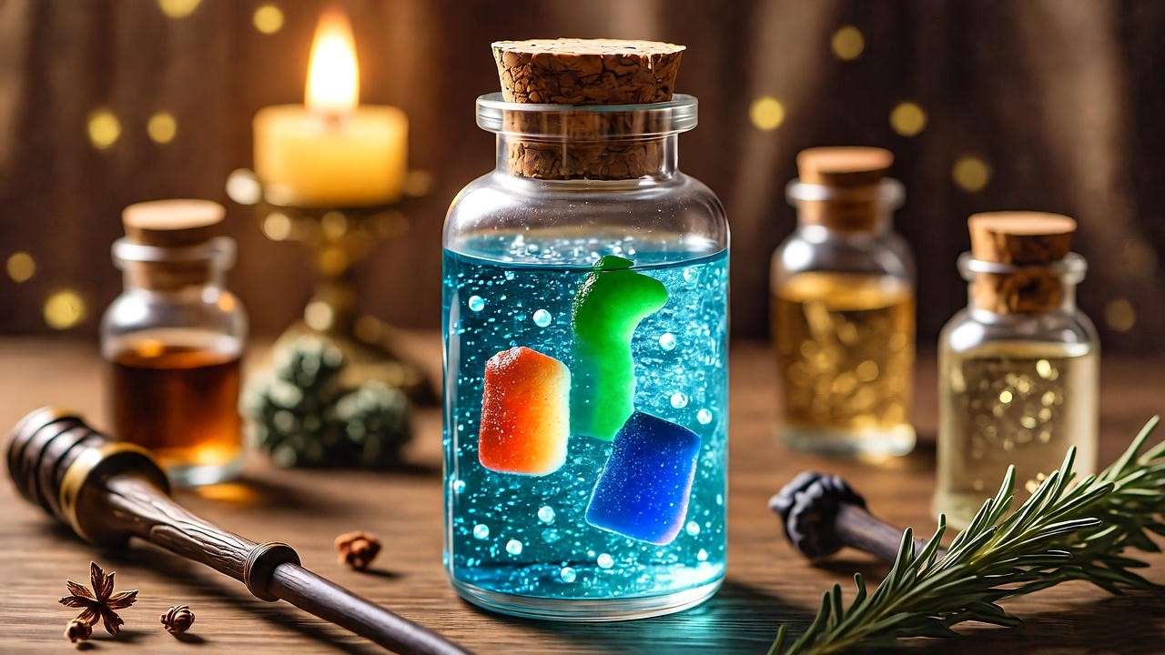 Harry Potter-themed mocktail with edible glitter and gummy candies for a Swelling Solution party.