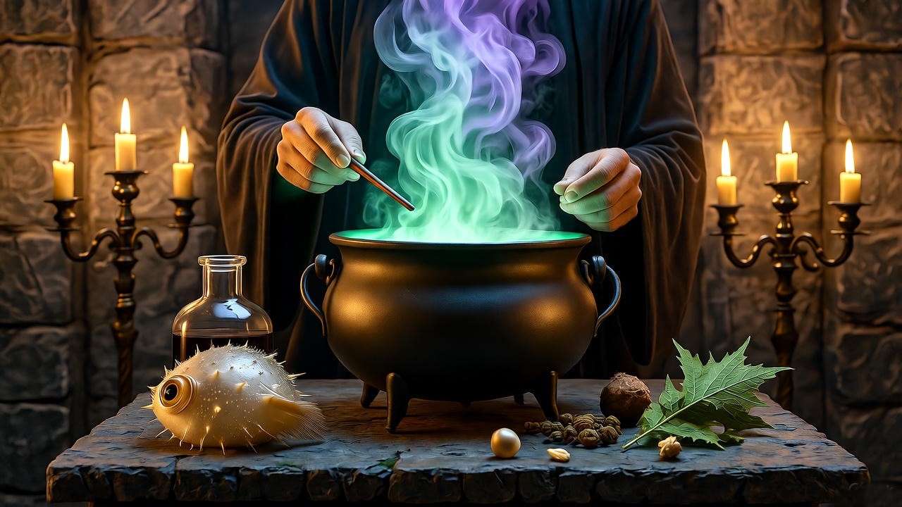 Wizard brewing Swelling Solution in a dungeon with magical ingredients and cauldron mist.