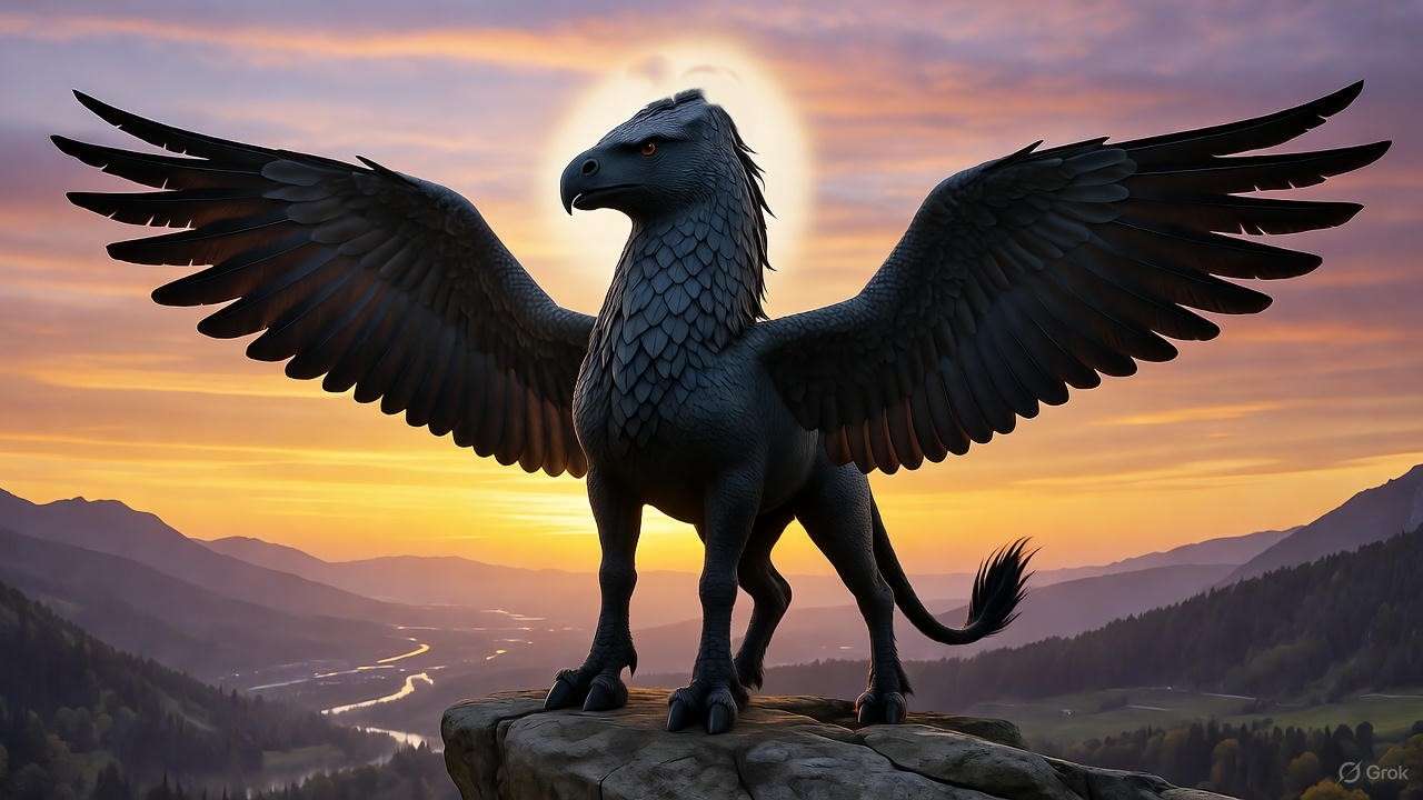 Silhouette of a **hippogriff Patronus** on a cliff at sunset, symbolizing loyalty and pride in a vibrant Harry Potter-inspired scene. 