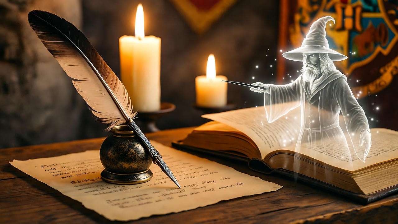 Magical writing desk with quill and parchment, featuring a translucent Impediment Jinx spell from a fanfiction scene.