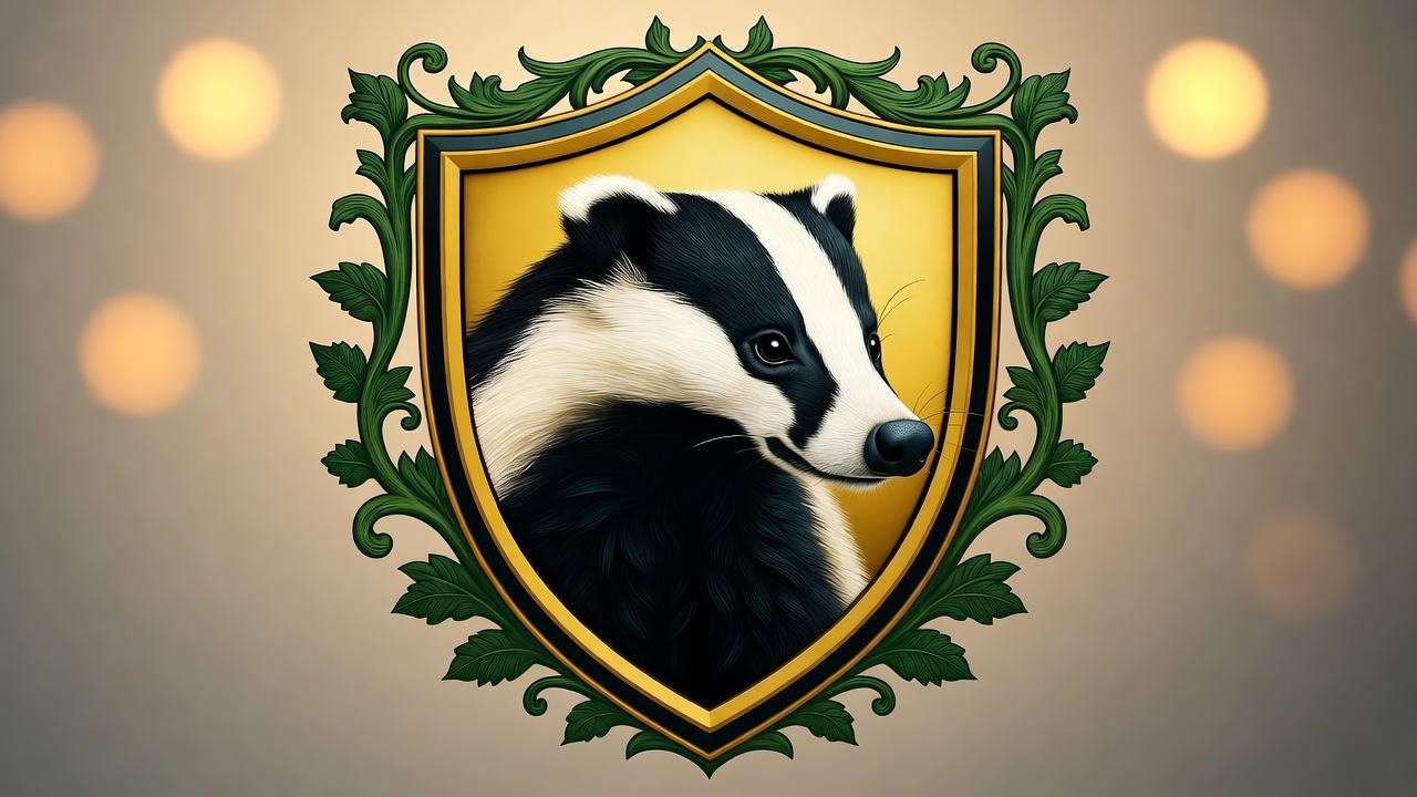 Detailed badger emblem on Hufflepuff crest shield with yellow and black hues and lush greenery backdrop.