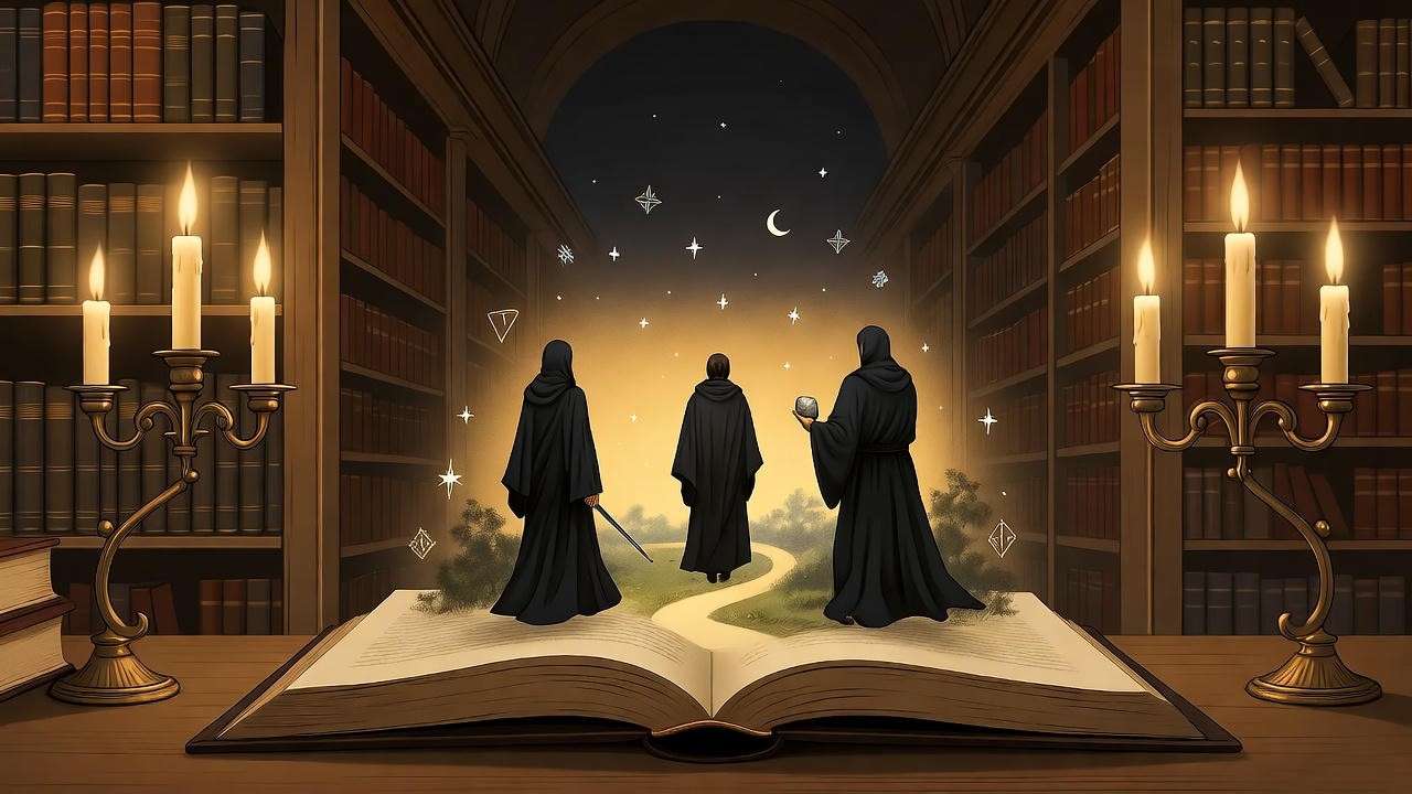 Ancient library with open book illustrating The Tale of the Three Brothers from Beedle the Bard.