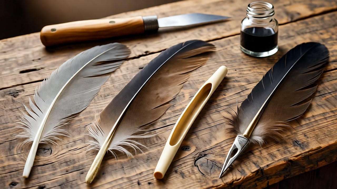 Step-by-step crafting of an eagle feather quill with tools on a rustic table.