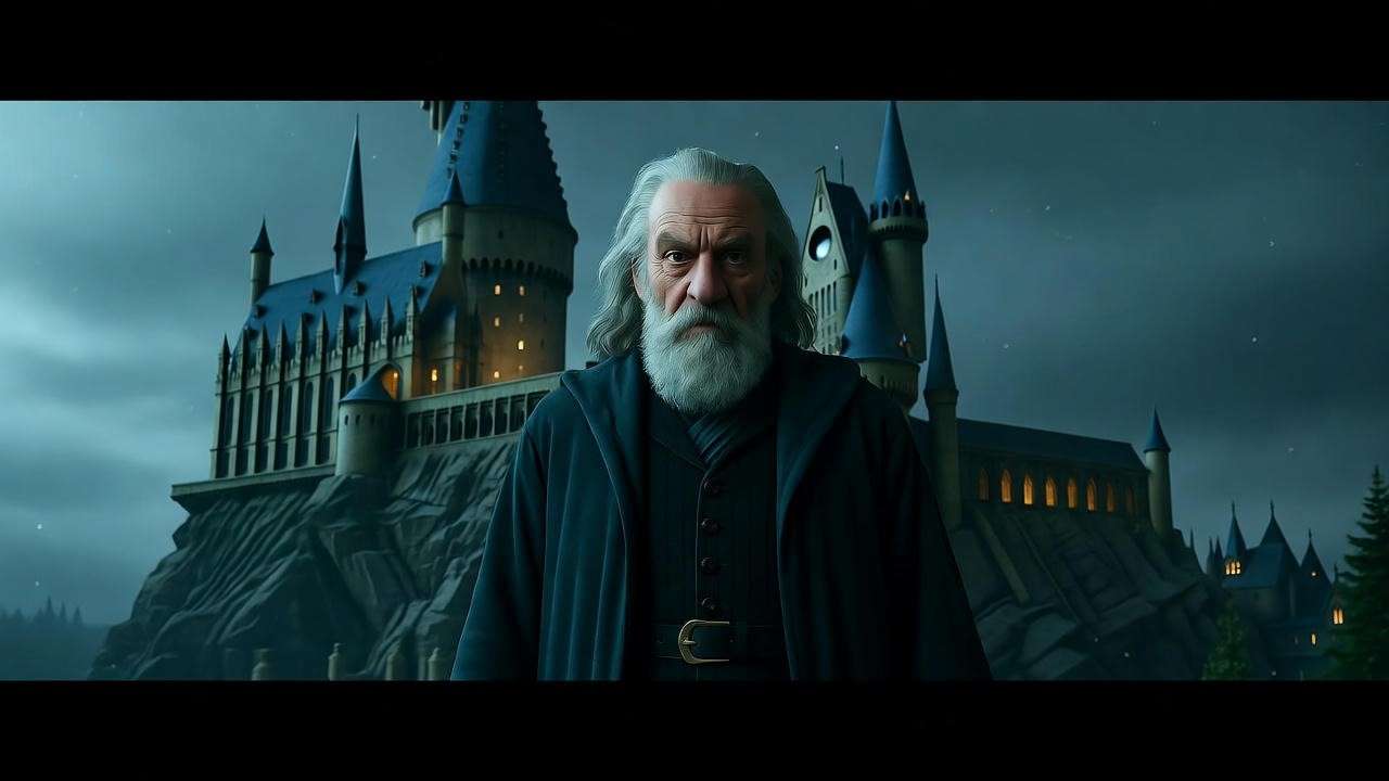 Apollyon Pringle patrolling Hogwarts grounds at night in old-fashioned robes.