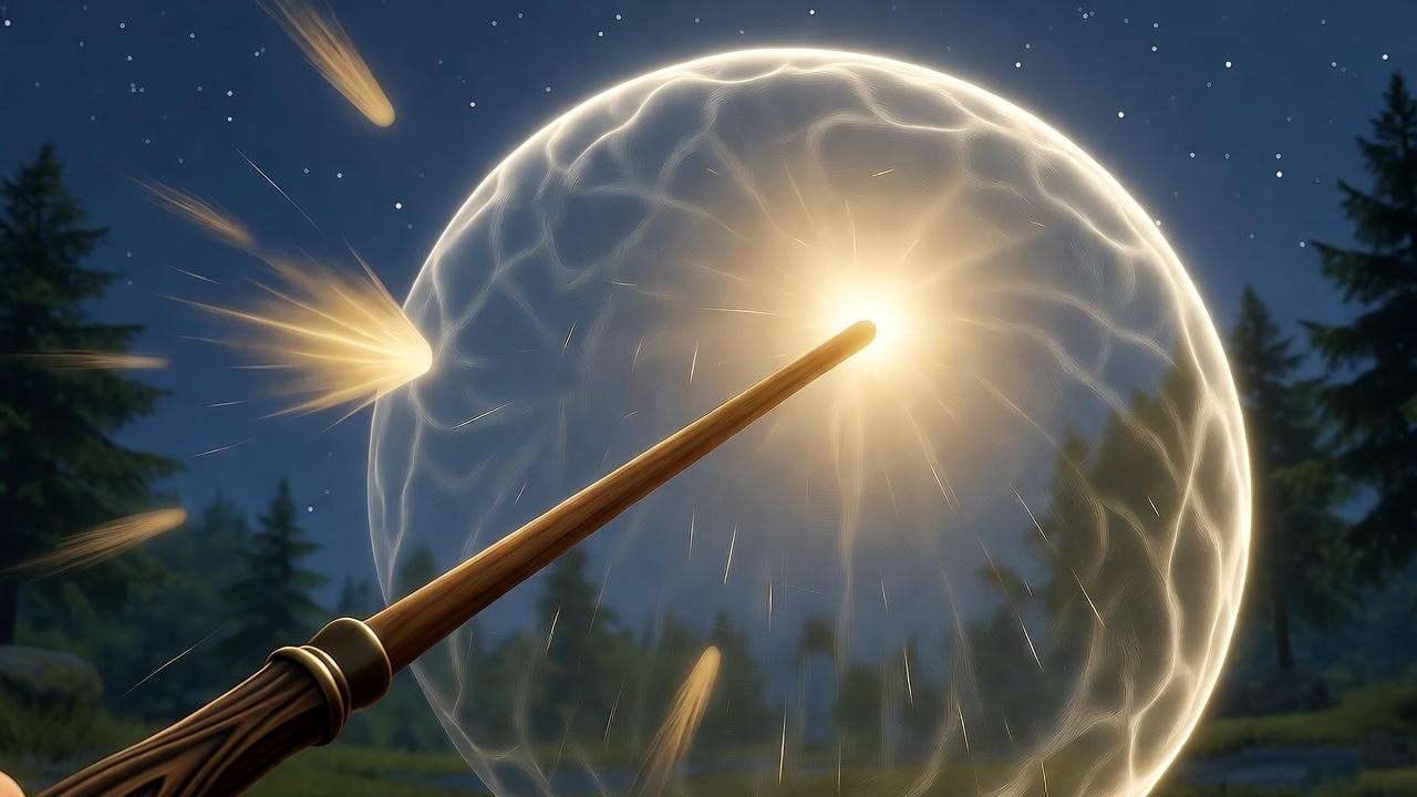 A wizard casting a *Protego* spell with an apple wood wand in a moonlit forest, glowing shield visible, in a 16:9 ratio.
