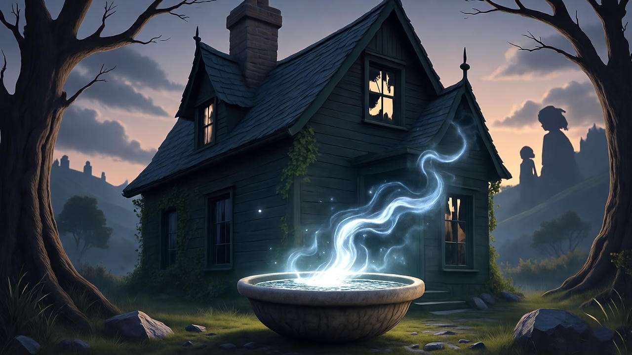 Haunting Gaunt family home with a glowing Pensieve and silhouettes of Tom Riddle and Merope, tied to Bob Ogden’s impact in Harry Potter.