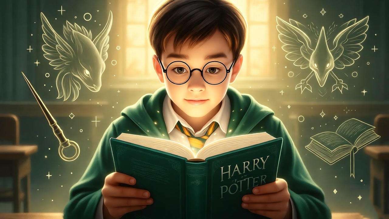 Illustration of a young reader with Harry Potter book, surrounded by resistance symbols, promoting critical thinking.