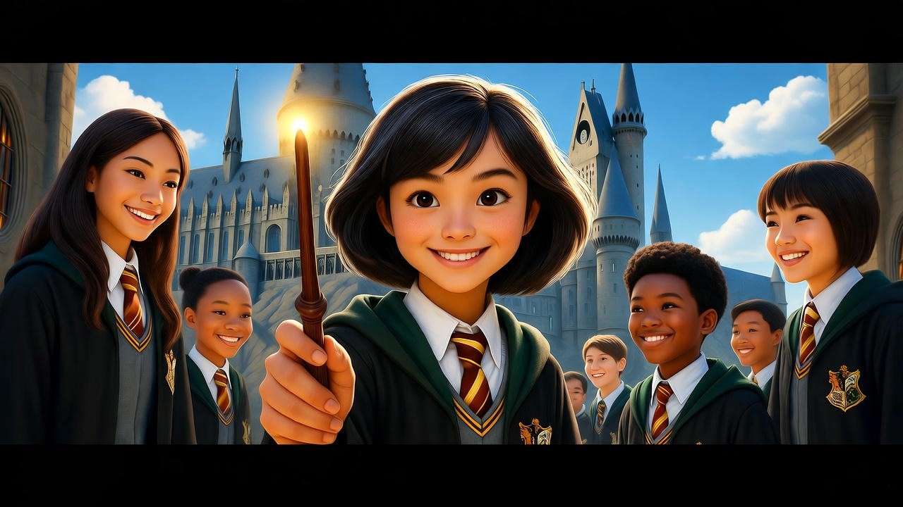A young witch with an apple wood wand glowing in a Hogwarts courtyard, surrounded by smiling students, in a 16:9 ratio.
