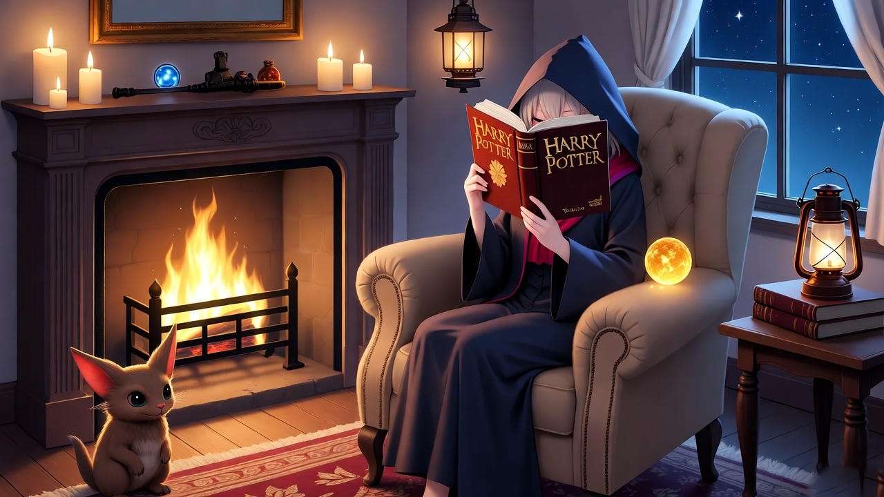 Reader with Order of the Phoenix book by fireplace, surrounded by magical artifacts, ideal for reading tips.