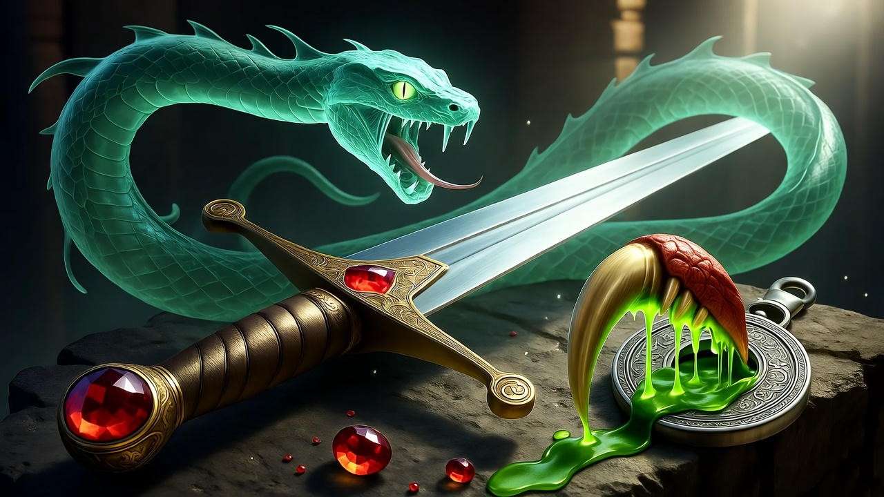 Basilisk fang and Nagini with Sword of Gryffindor – serpent motif Harry Potter