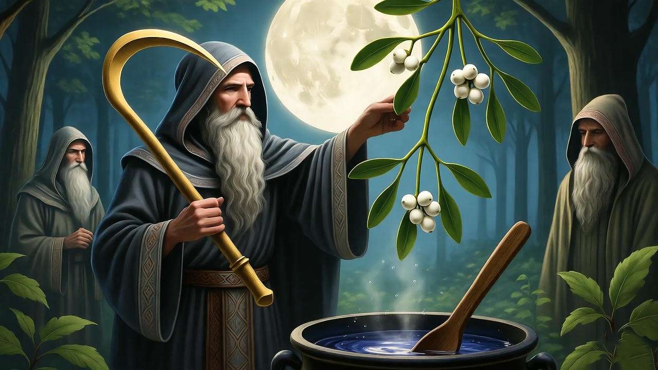 Druids harvesting mistletoe under a full moon for a potion-making scene.